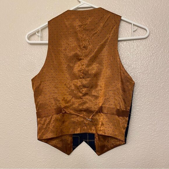 Romano Boys kids Navy blue plaid tweed orange lined formal dress up vest suit 9 - Picture 3 of 9